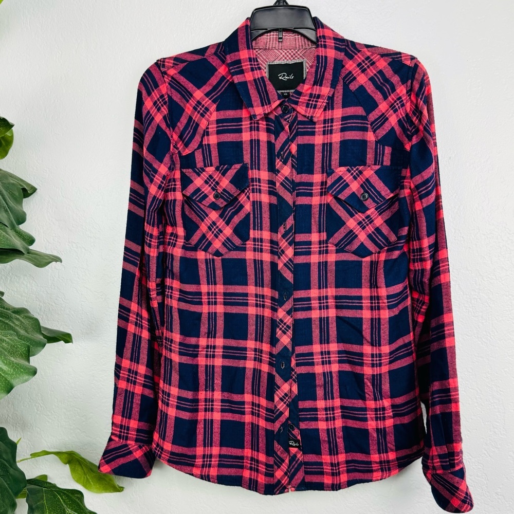 Rails Hunter Pink Blue Plaid Button Down Shirt Double Pockets